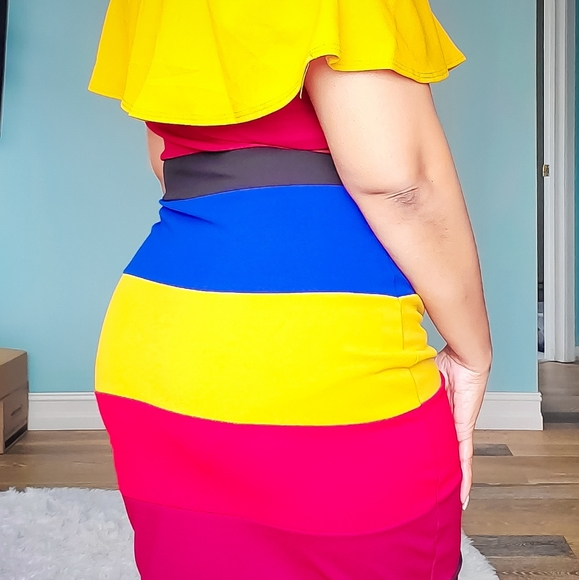 Multicolor Rainbow Stripe Off the Shoulder Dress - Picture 4 of 8